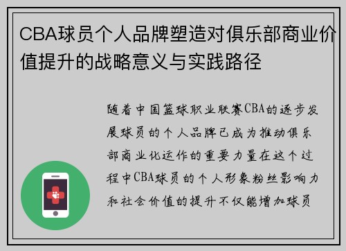 CBA球员个人品牌塑造对俱乐部商业价值提升的战略意义与实践路径