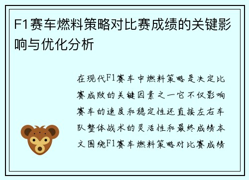 F1赛车燃料策略对比赛成绩的关键影响与优化分析