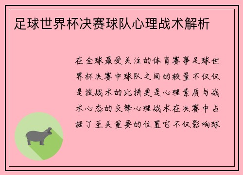 足球世界杯决赛球队心理战术解析