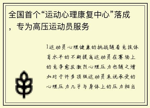 全国首个“运动心理康复中心”落成，专为高压运动员服务